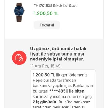 Hepsiburada Satılan Saati İsteğim Dışında İptal Etmesi