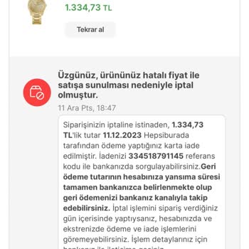 Hepsiburada Firmanın Hatalı Fiyat Uyarısı