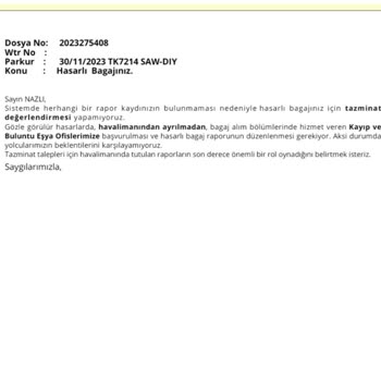 THY Hasarlı Valiz Tazmini