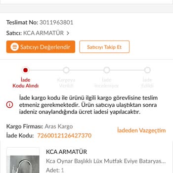 Kca Armatür Şikayet Geri Dönüş Yok