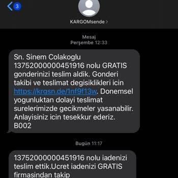 KARGOMsende Bana Haber Verilmeden Kargom İade Edildi
