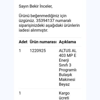 Altus Makinemin Tarafıma Teslim Edilememesi