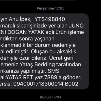 Yataş'ın Online Siparişin Sebepsiz İptali