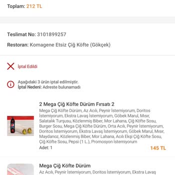 Trendyol Yemek Siparişimde Yaşanan Sorun