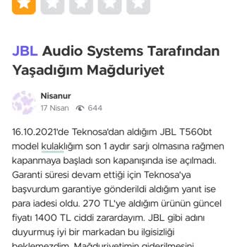 JBL Markasının Yol Açtığı Maddi Zararı Karşılamaması