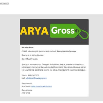 Arya Gross Sipariş Gönderilmedi. Paramı Geri Alamadım.