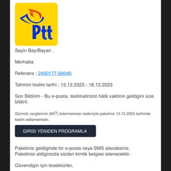 Ödeme İsteyen PTT Kargo Maili