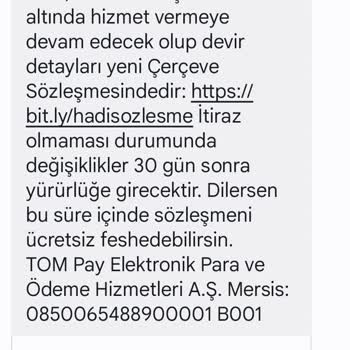 Tom Pay Uygulamasından İstenmeyen SMS Ve Fesih Talebi