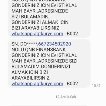 AGT Kurye (aynigunteslim.com) İade Olan Kargo