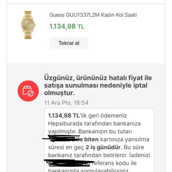Hepsiburada Saat & Saat Hatalı Fiyatlandırma Sipariş İptali