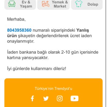 Trendyol Yemek Yanlış Sipariş İadesi