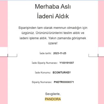 Pandora Mücevher Pandora 20 Gündür İademi Yatırmadı