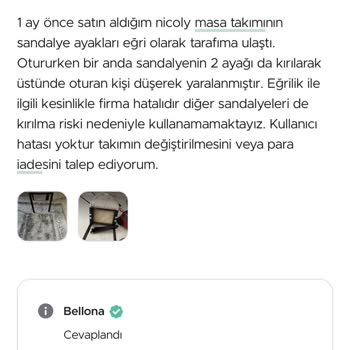 Bellona Mutfak Masasının Sandalyeleri Eğri Kırılıyorlar!