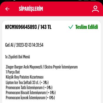 KFC Siparişte Hata Olması Paranın Çekilmesi