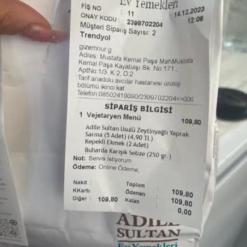 Adile Sultan Ev Yemekleri Yan Ürün İadesi 5 TL