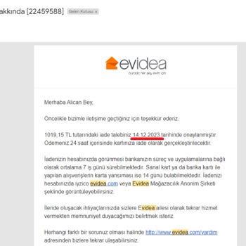 Evidea Teslimat Ve Para İadesi Sorunu