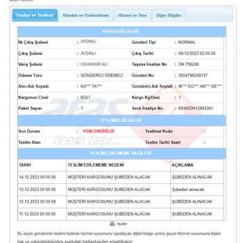 Aras Kargo Kargo Müşteriye Teslim Edilmiyor,