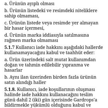 Gardrops, Kendi İade Şartnamesine Uymuyor