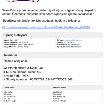 Wow Petshop Siparişi Göndermiyor ( Sipariş Numarası 1662)