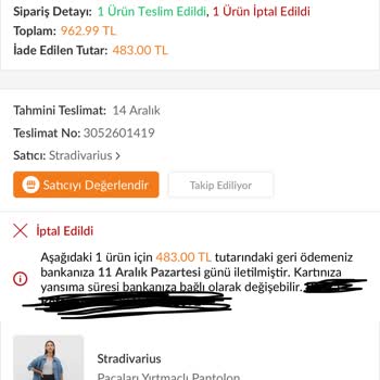 Stradivarius Sebepsiz Sipariş İptali