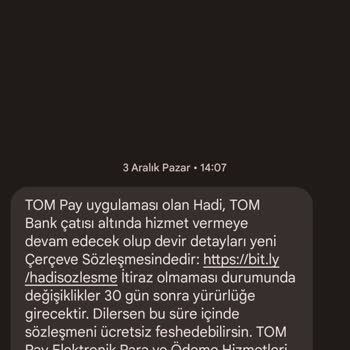 Hadi TOM Pay Hadi Uygulaması Sözleşme İptali Talebi