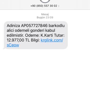 0850 557 30 02 Gönderilen Mesaj.
