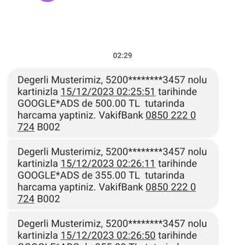 VakıfBank Google*ADS İsmiyle Kredi Kartımdan İznim Olmadan Yapılan İşlem