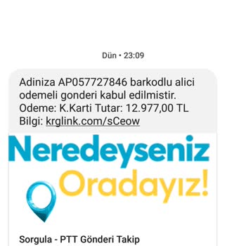 PTT Kargo Krg. Link. Tarafından Bilinmeyen Mesaj