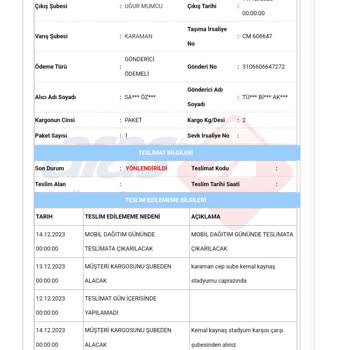 Karaman Aras Kargo Kargo Teslimi Yapmıyor