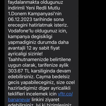 Vodafone Tarife Değiştirmeme İzin Verilmedi