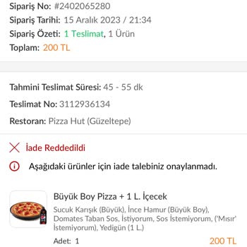 Trendyol GO Yemek Soğuk Pizza Para İadesi Yapmıyor
