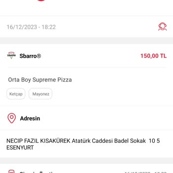 Sbarro Siparişimin Gelmemesi Ve Canlı Desteğin Cevap Vermemesi