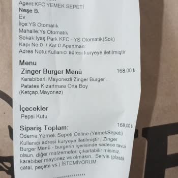Yemeksepeti KFC Notlar Dikkate Alınmıyor.