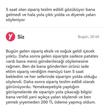 Yemeksepeti Teslim Edilmeyen Yemek Siparişi