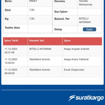 Kargom Sürat Kargo İkitelli Aktarmada Bekliyor. T No: 10311220811122