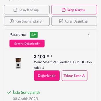 Pazarama İade Ettiğim Ürüne Ödediğim Paranın Bir Türlü İade Edilmemesi.