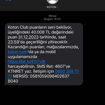 Koton Gerçek Olmayan Puan SMS'i!