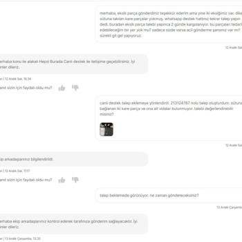 Hepsiburada Eksik Parça Talebi İçin Muhatap Yok