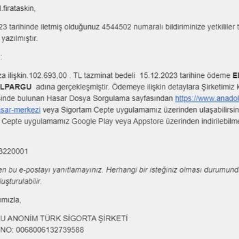 Anadolu Sigorta'nın Hakkım Olan Değer Kaybı Tutarını Alıkoyması