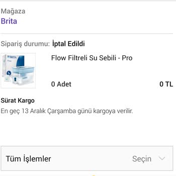 Brita Ürün İptali / Tedarik Talebi