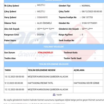 Aras Kargo Kargonun Bilgi Verilmeden İade Edilmesi Ve