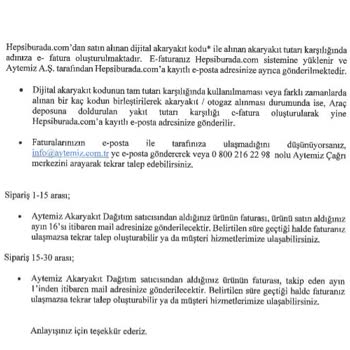 Aytemiz Akaryakıt Alışverişin Faturası Yasal Sürede Düzenlenmedi