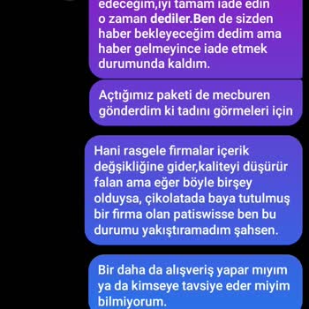 Patiswiss Kakao Kremalı Çikolata Kalite Düşürülmüş, Tadı Bozulmuş.