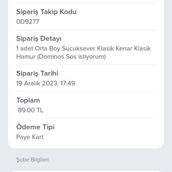 Domino's'ta Pa-ye Kart Kullanılmıyor.