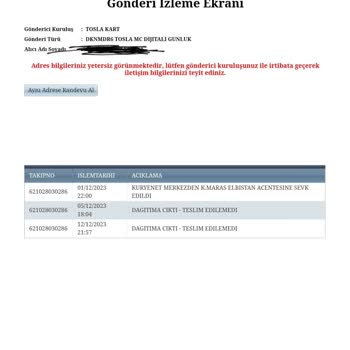 Kuryenet Elbistan Kartımı Getirmiyor