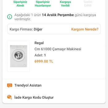 Vestel Regal Marka Çamaşır Makinesi Halen Teslim Edilmedi