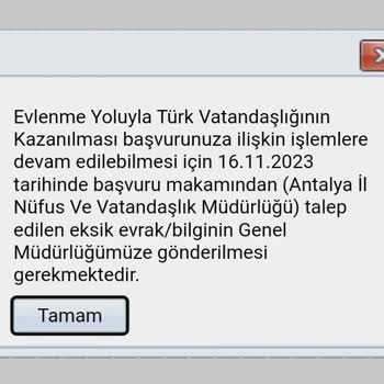 Nüfus ve Vatandaşlık İşleri Vatandaşlık Başvurusunda Bitmeyen Eksik Belge