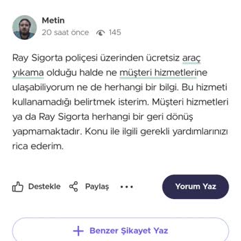 Ray Sigorta Ücretsiz Araç Yıkama Sorunu