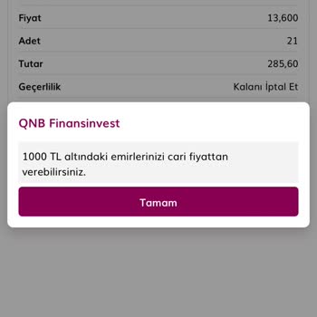 QNB Satış-alış Cari Fiyat Uyarısı Dolasıyla Yapamıyorum.