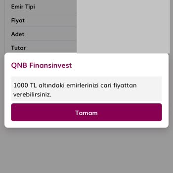 QNB Finansinvest 1000 TL Altındaki Emirlerini Cari Fiyattan Verebilirsiniz!